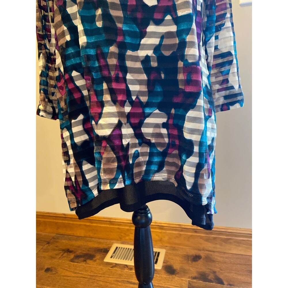 Dana Bachman Blouse Sz Medium Top Sheer Overlay Purple Green Black Rounded Neck - Picture 2 of 12